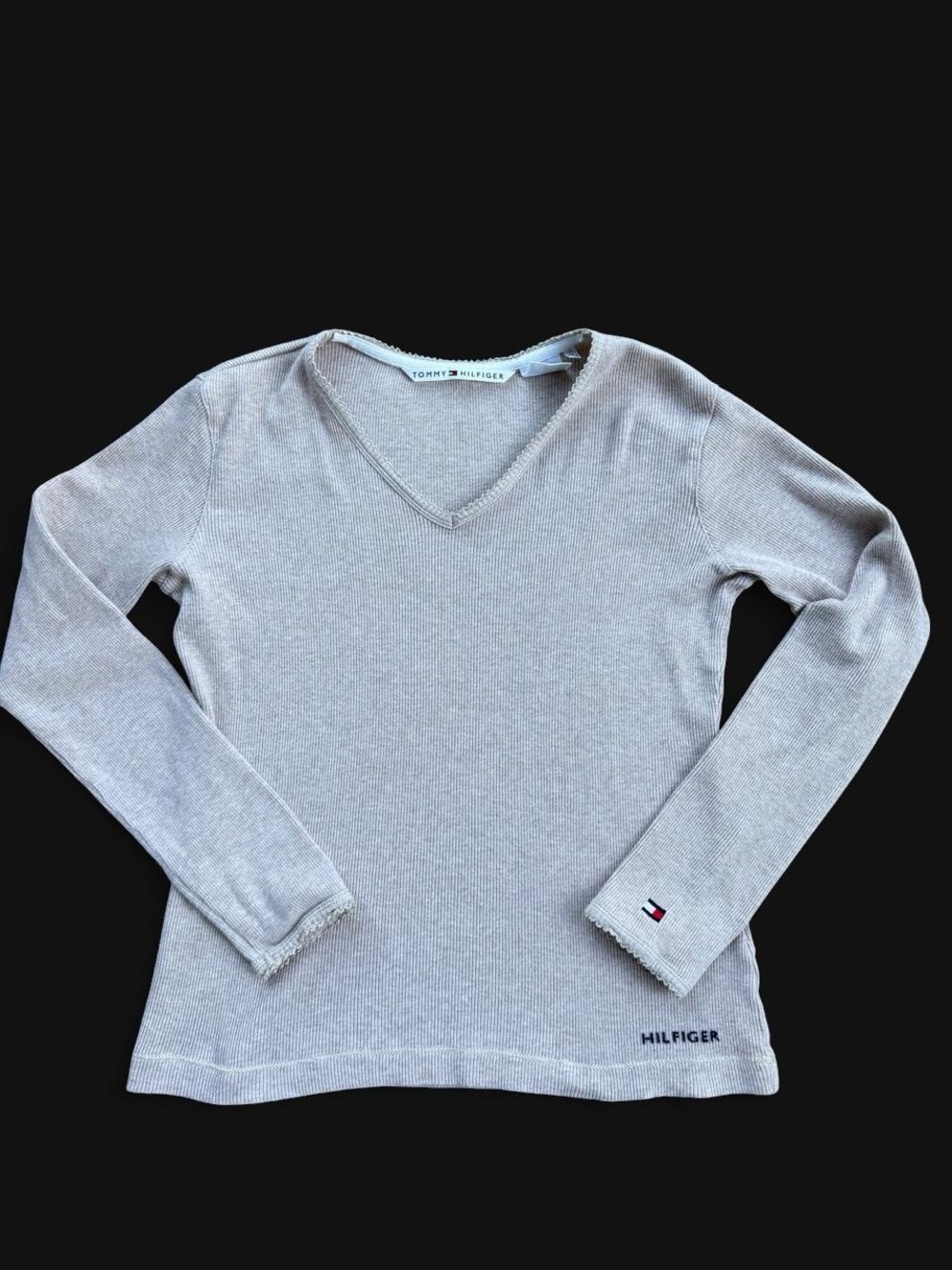 Vintage Tommy Hilfiger Ribbed V-Neck Long Sleeve Top Oatmeal Medium